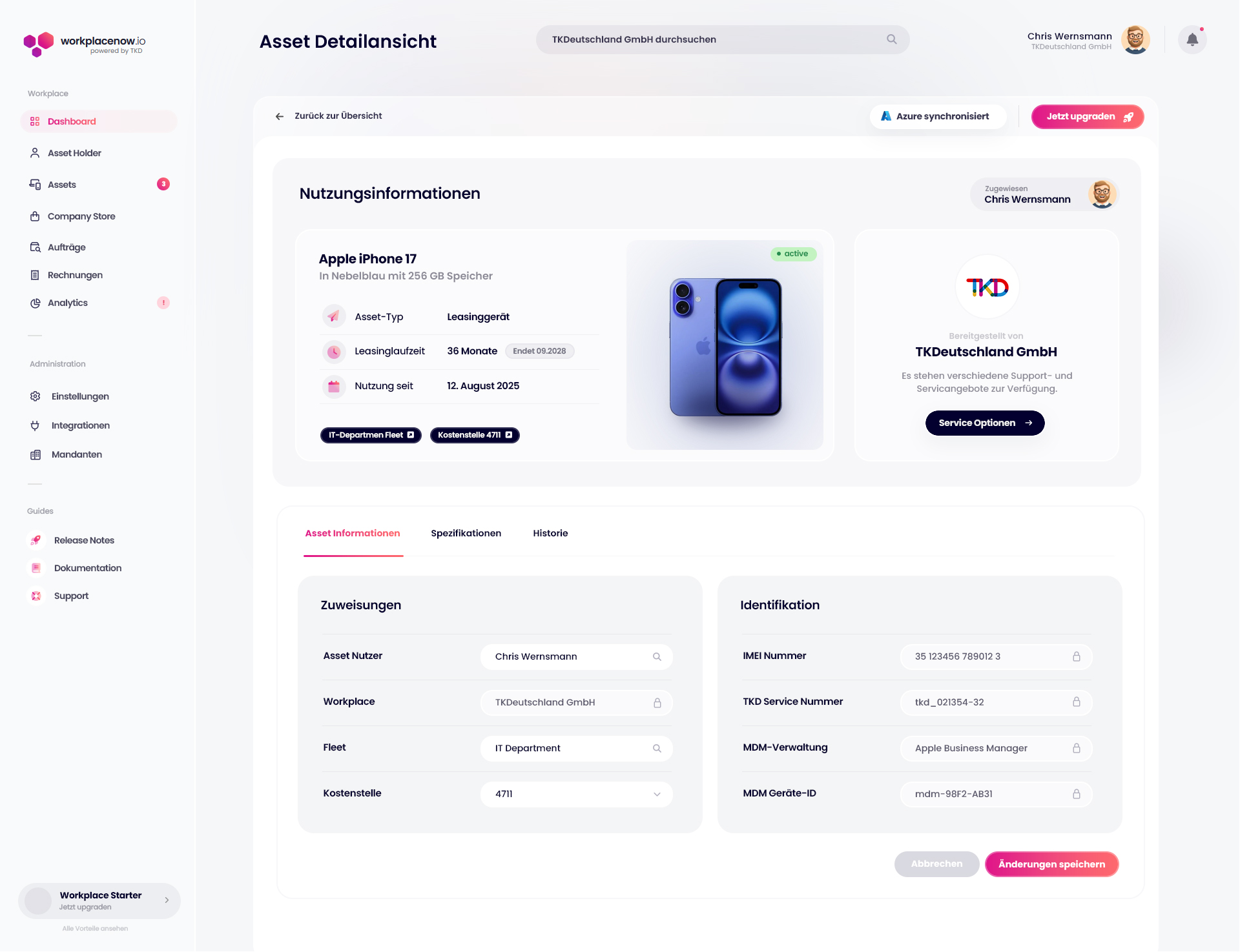 Das Bild zeigt das Dashboard des IT Asset Managements WorkplaceNow von der TKD. Zu sehen ist die Nutzungsinformation, ein Smartphone sowie diverse Informationen zu den gespeicherten Assets.